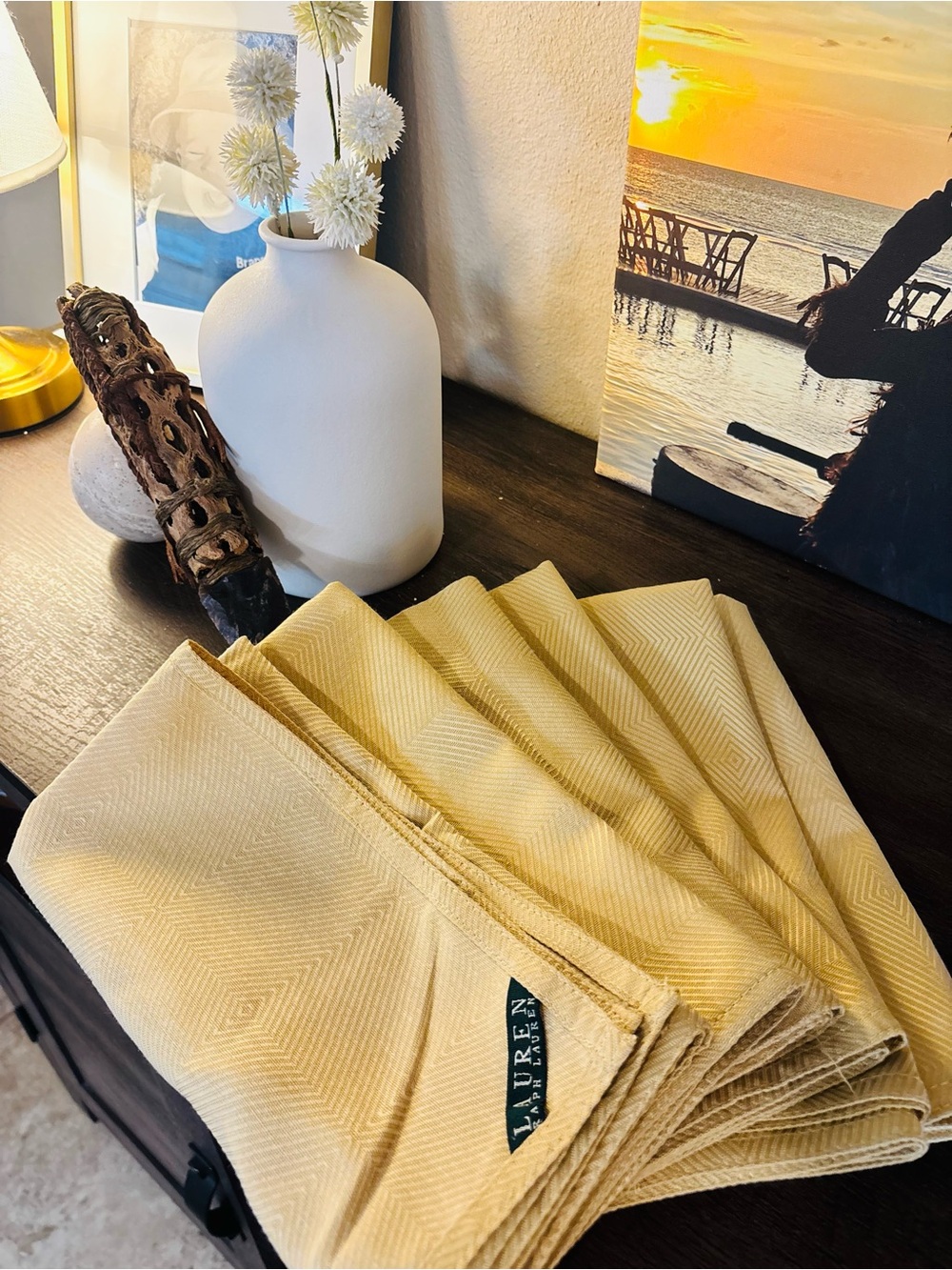 NWT Lauren Ralph Lauren Gold Chevron Cloth Dinner Napkins - Set of 6